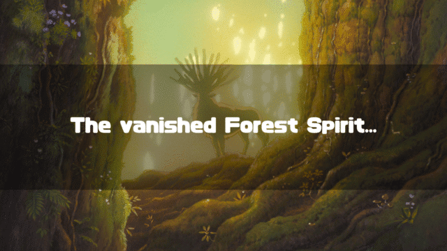 The Forest Spirit from Princess Mononoke stands in a lush, sunlit grove. Text overlay reads: "The vanished Forest Spirit..."