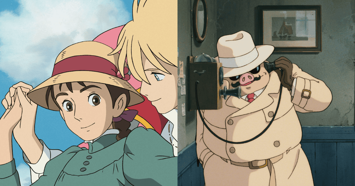 Sophie with Howl beside her, paired with Porco Rosso speaking on a telephone in a split-screen comparison
