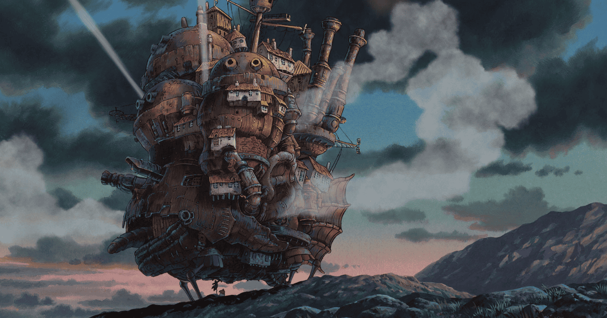Howl’s Moving Castle walking across a rocky landscape beneath dark storm clouds and billowing smoke