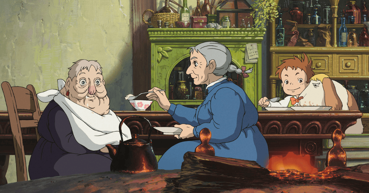 Sophie serving food to the Witch of the Waste while Markl and Heen eat nearby in Howl’s Moving Castle