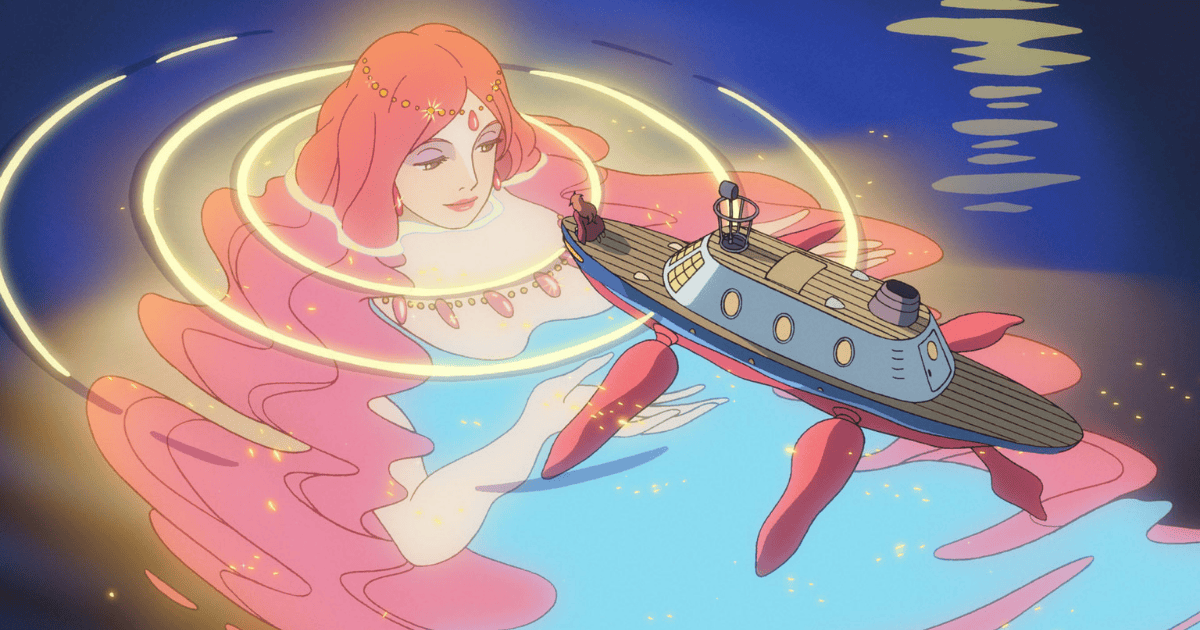 Granmamare rising from the glowing sea beneath a small boat in Ponyo