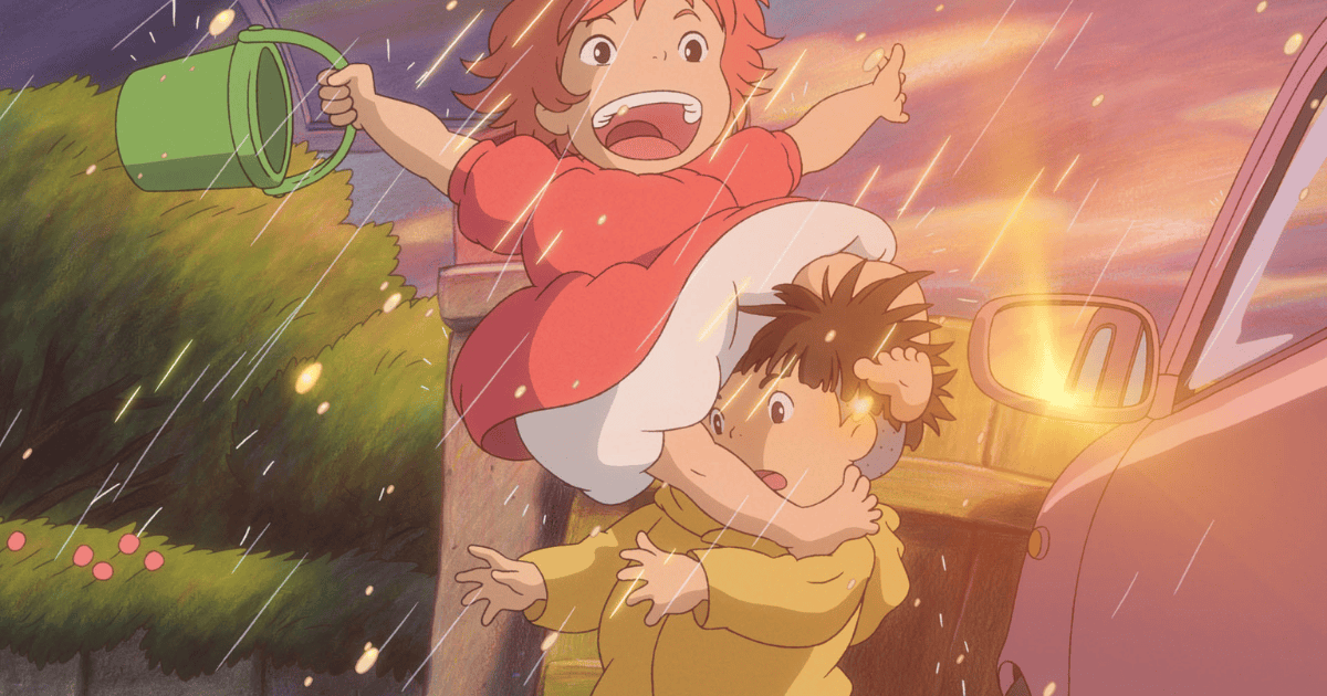 Ponyo leaping onto Sosuke in the rain beside a car while holding her green bucket