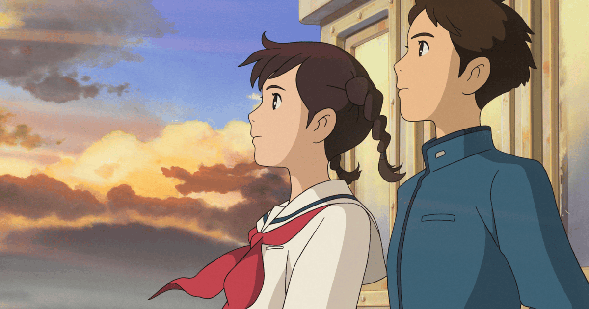 Umi Matsuzaki and Shun Kazama standing together at sunset in From Up on Poppy Hill