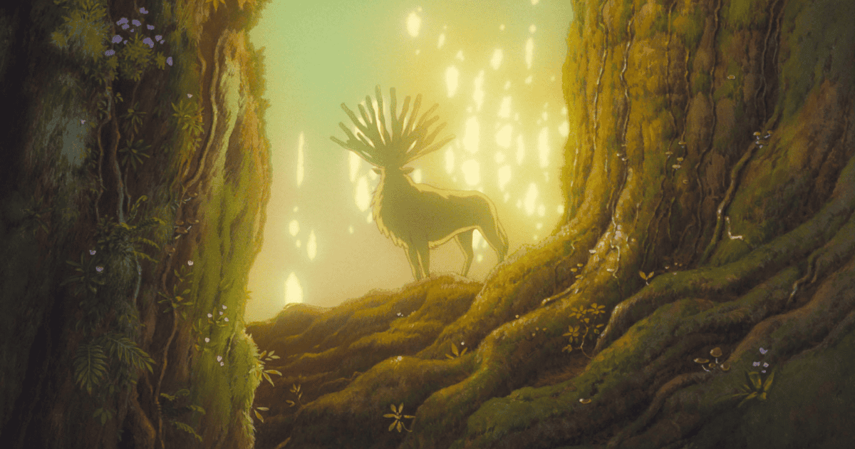 Forest Spirit standing in a glowing ancient forest surrounded by massive moss-covered trees in Princess Mononoke