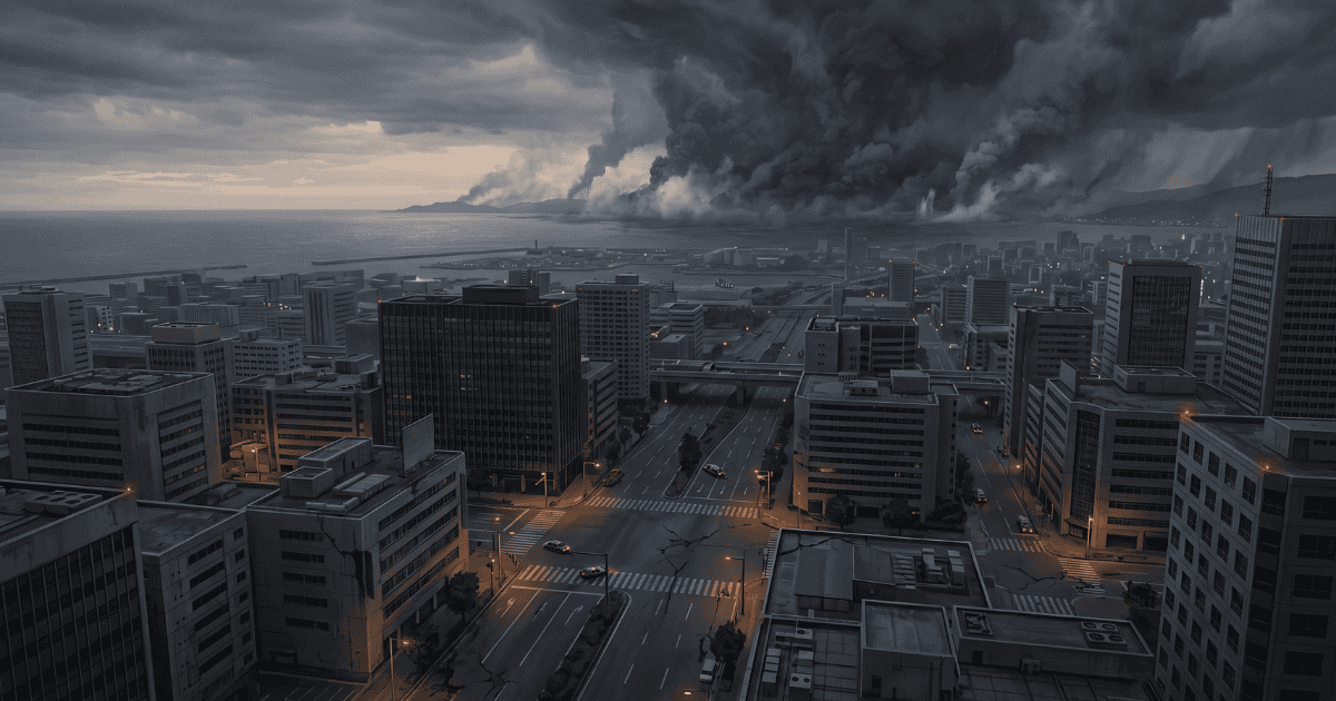 Coastal city under dark storm clouds as a massive plume of smoke rises near the shoreline in the distance