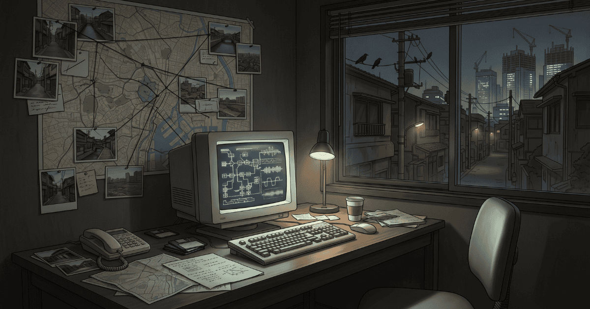 Dimly lit investigation room with a city map, pinned photographs, vintage computer, and a nighttime urban skyline outside the window