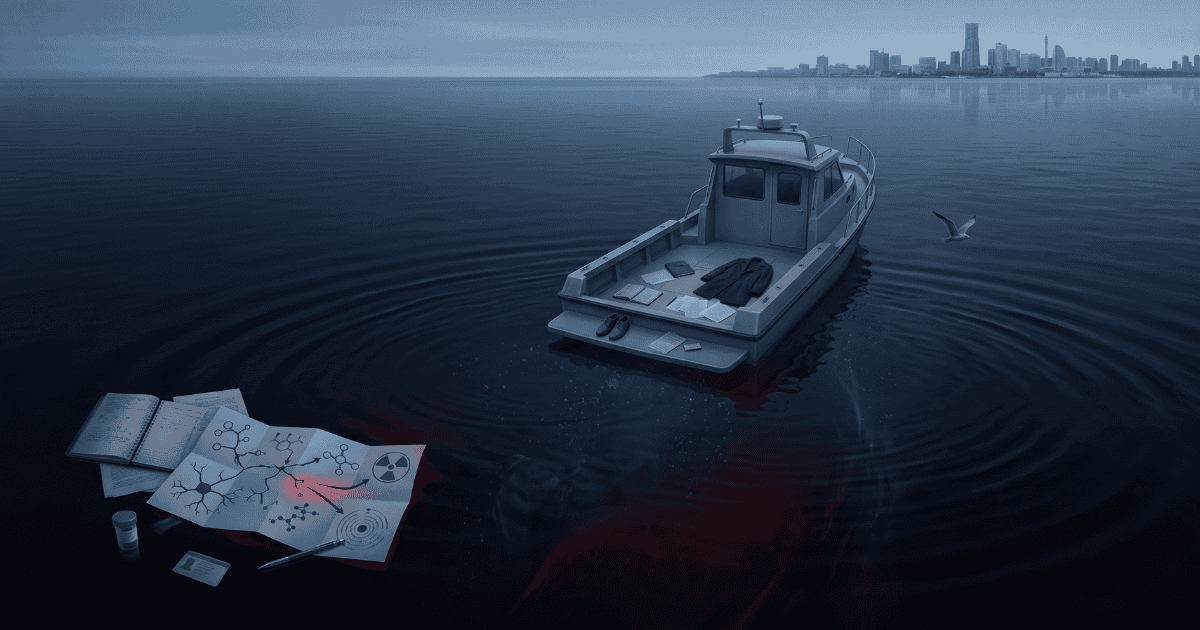 Abandoned research boat drifting on dark waters near a distant Japanese city skyline, with scattered scientific documents and a mysterious red shape beneath the surface