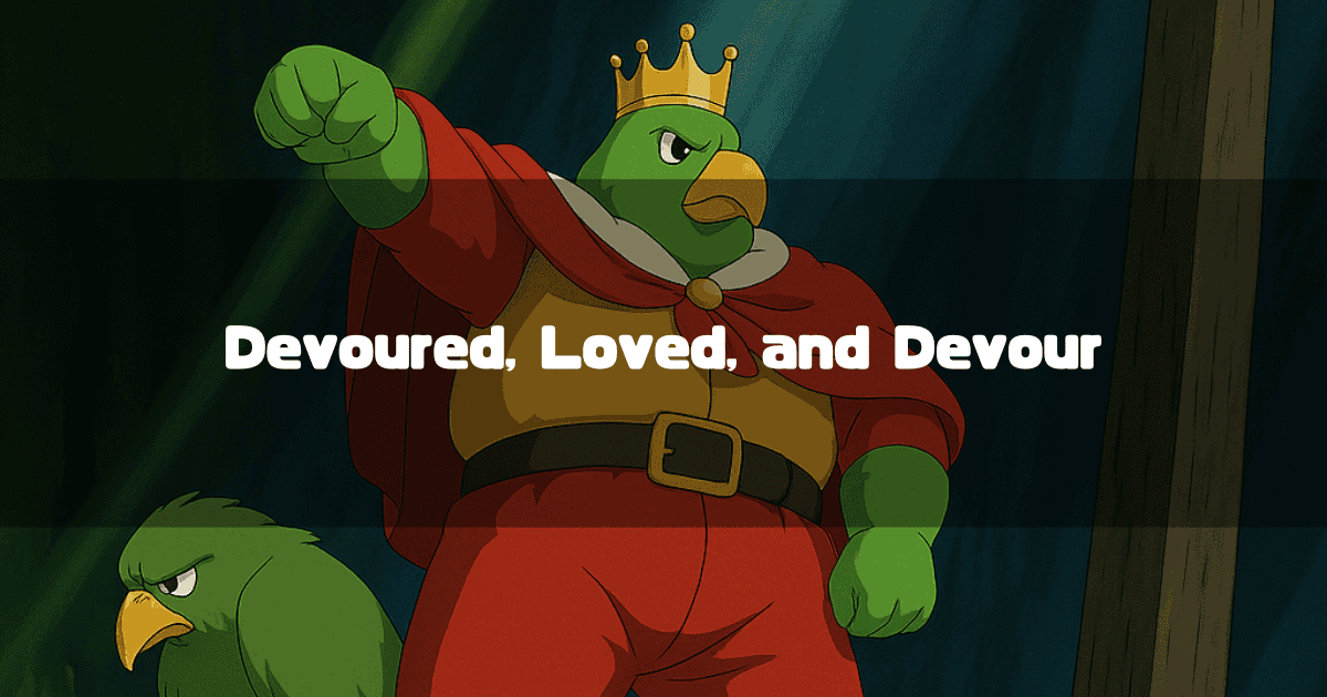 A heading with the catchphrase 'Devoured, Loved, and Devour' superimposed on a background blending the Parakeet King, wearing a crown and red robe and pointing, with another green parakeet, from the movie 'The Boy and the Heron.'