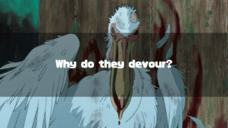 A heading with the catchphrase 'Why do they devour?' superimposed on a background showing a wounded pelican with blood and feathers, from the movie 'The Boy and the Heron.'
