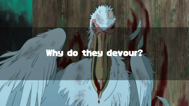 A heading with the catchphrase 'Why do they devour?' superimposed on a background showing a wounded pelican with blood and feathers, from the movie 'The Boy and the Heron.'