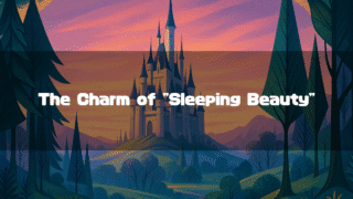 A stylized illustration of the fairytale castle from "Sleeping Beauty" on a grassy hill, framed by dark, geometric trees against a pink and purple sunset sky. Text across the center reads: "The Charm of 'Sleeping Beauty'".