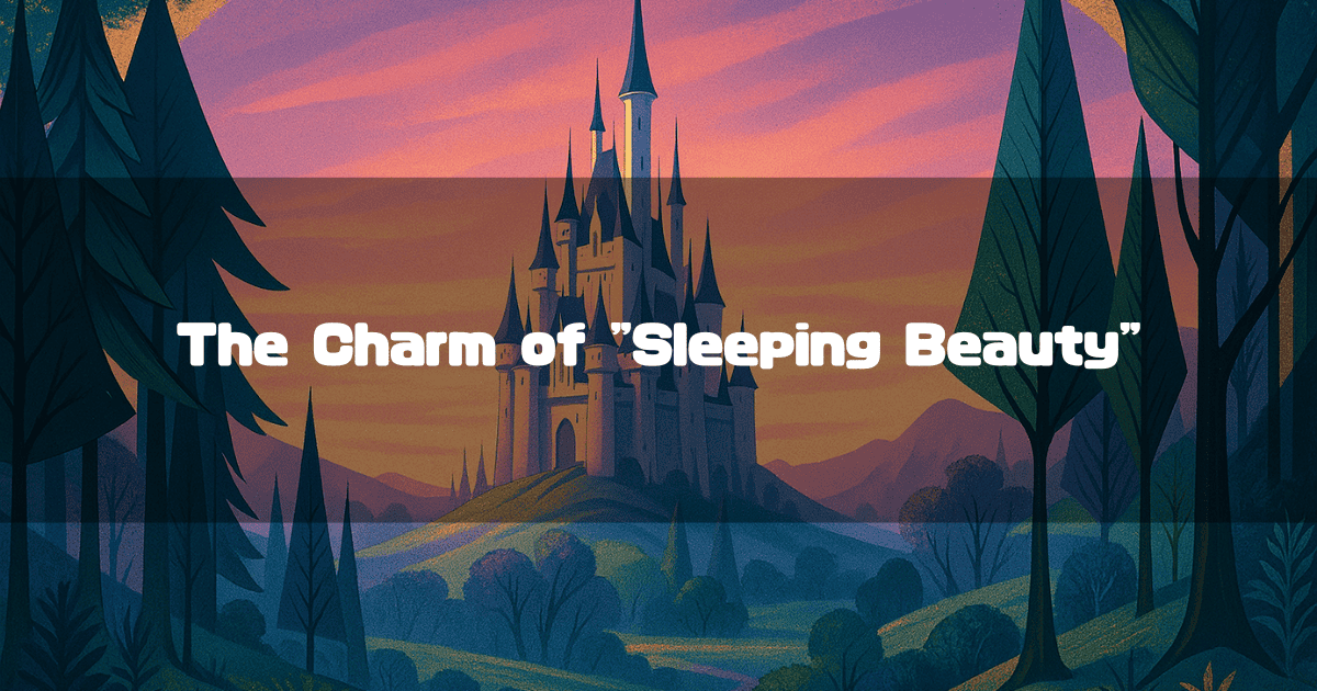 A stylized illustration of the fairytale castle from "Sleeping Beauty" on a grassy hill, framed by dark, geometric trees against a pink and purple sunset sky. Text across the center reads: "The Charm of 'Sleeping Beauty'".