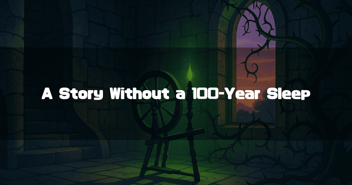 A spinning wheel in a dimly lit castle room, with text that reads 'A Story Without a 100-year Sleep.