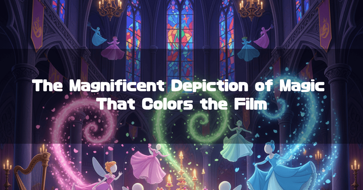 The fairies casting magic in the castle hall, with text that reads 'The Magnificent Depiction of Magic That Colors The Film.'