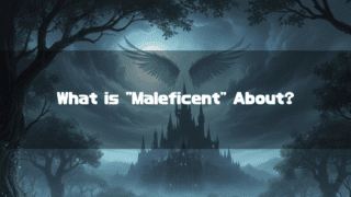 A mystical night scene of a dark, spired castle shrouded in mist, framed by silhouetted trees. Above the castle, a pair of large wings float in the moonlit sky, with the text "What is 'Maleficent' About?" overlaid.