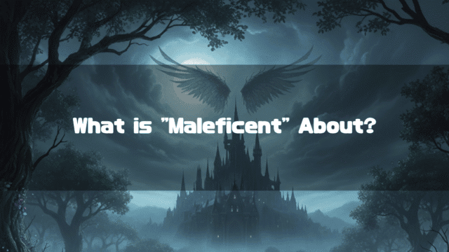 A mystical night scene of a dark, spired castle shrouded in mist, framed by silhouetted trees. Above the castle, a pair of large wings float in the moonlit sky, with the text "What is 'Maleficent' About?" overlaid.