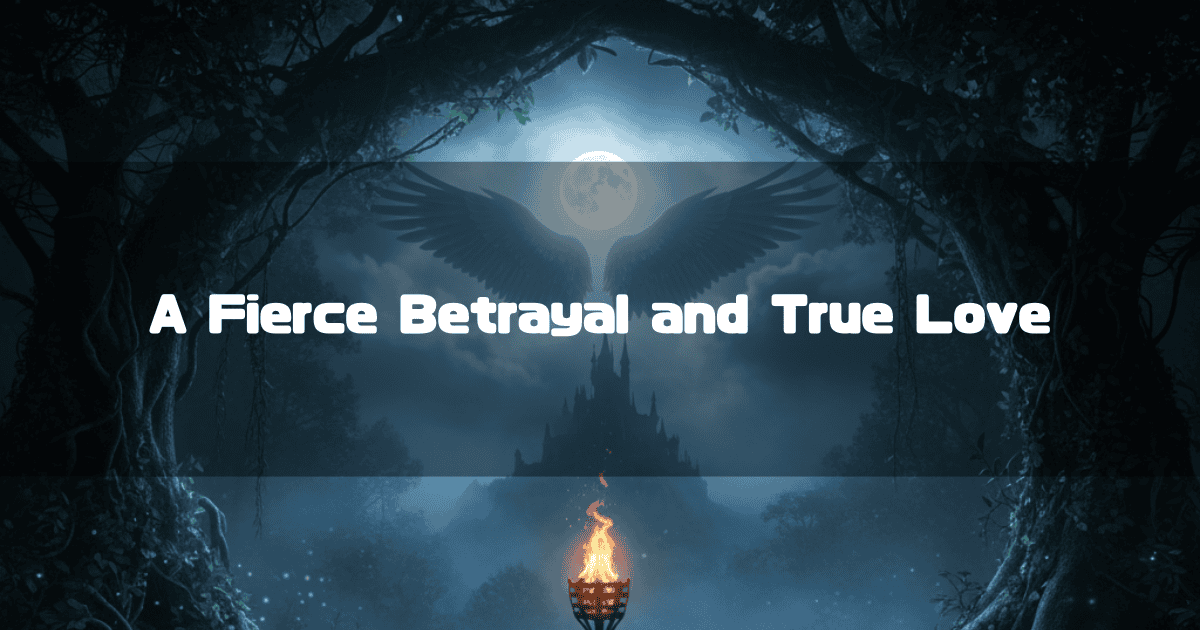 Wings Against a Moonlit Forest with a Burning Torch, Overlaid with the Text 'A Fierce Betrayal and True Love'