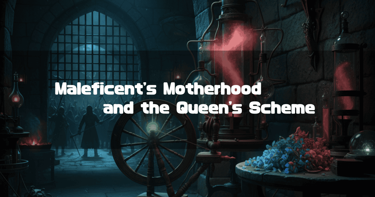 A spinning wheel glows with green light in a dimly lit laboratory. The centered text reads, "Maleficent's Motherhood and the Queen's Scheme," creating an ominous atmosphere.