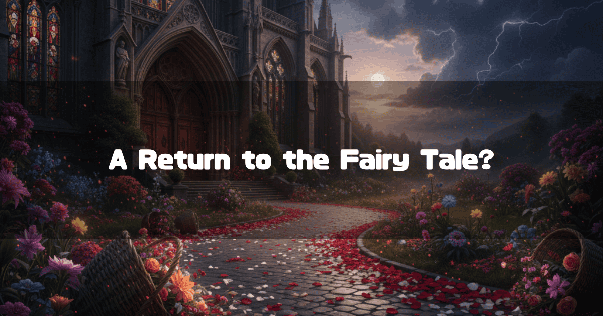 A Path in Front of a Church Strewn With Petals, With a Sky Mixing Sunset and Lightning, and Text That Reads 'A Return to the Fairy Tale?'