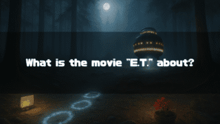 In a mysterious, moonlit forest at night, E.T.'s spaceship rests in a clearing. A glowing path of circles leads towards it, with a communication device and a potted red flower in the foreground, referencing key elements from the film. The central text asks: "What is the movie 'E.T.' about?".