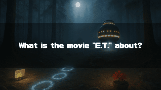 In a mysterious, moonlit forest at night, E.T.'s spaceship rests in a clearing. A glowing path of circles leads towards it, with a communication device and a potted red flower in the foreground, referencing key elements from the film. The central text asks: "What is the movie 'E.T.' about?".