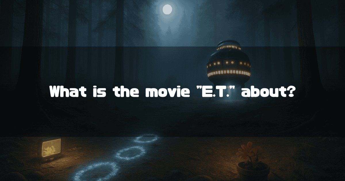 In a mysterious, moonlit forest at night, E.T.'s spaceship rests in a clearing. A glowing path of circles leads towards it, with a communication device and a potted red flower in the foreground, referencing key elements from the film. The central text asks: "What is the movie 'E.T.' about?".