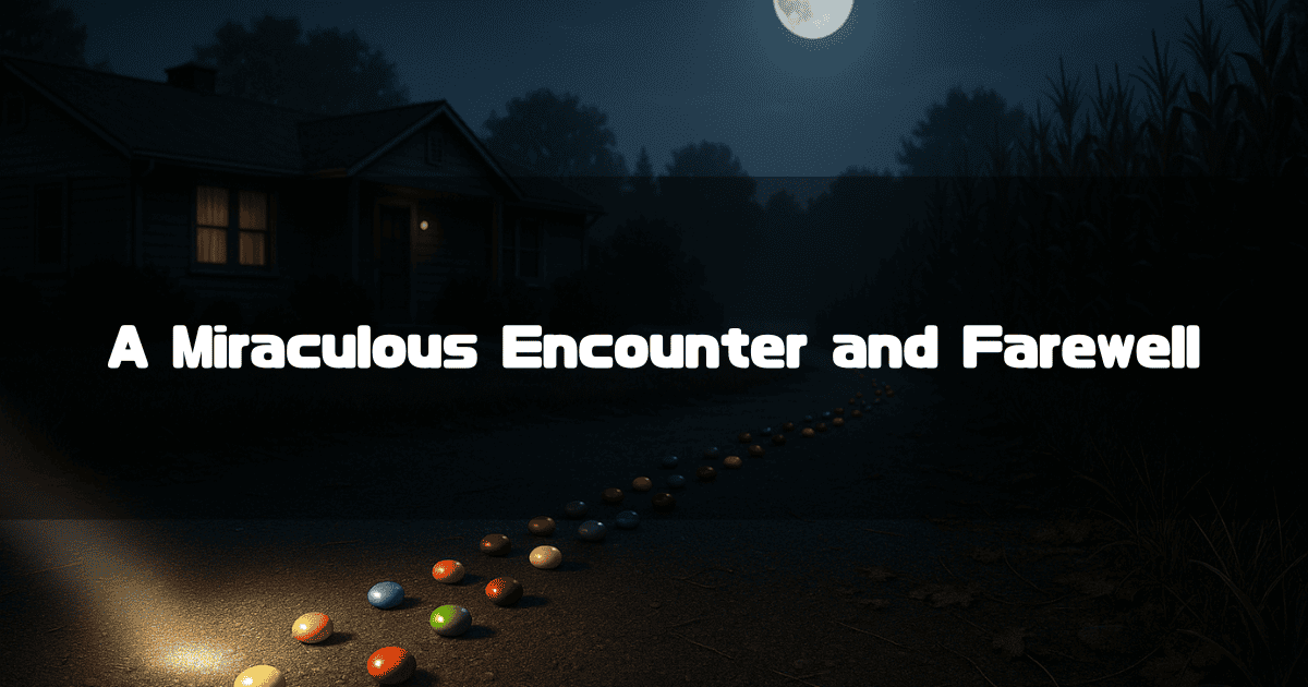 A Title That Reads 'A Miraculous Encounter and Farewell.' Colorful Reese's Pieces Are Placed Sporadically on a Path Leading to a House on a Moonlit Night.
