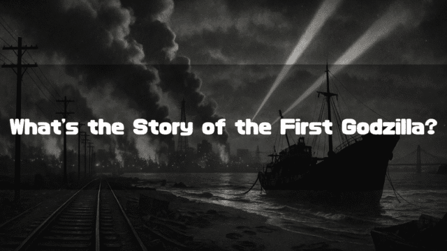 A black and white image of a ship on the shore with a burning city in the background. Searchlights scan the sky, and the text 'What's the Story of the First Godzilla?' is written over the image.
