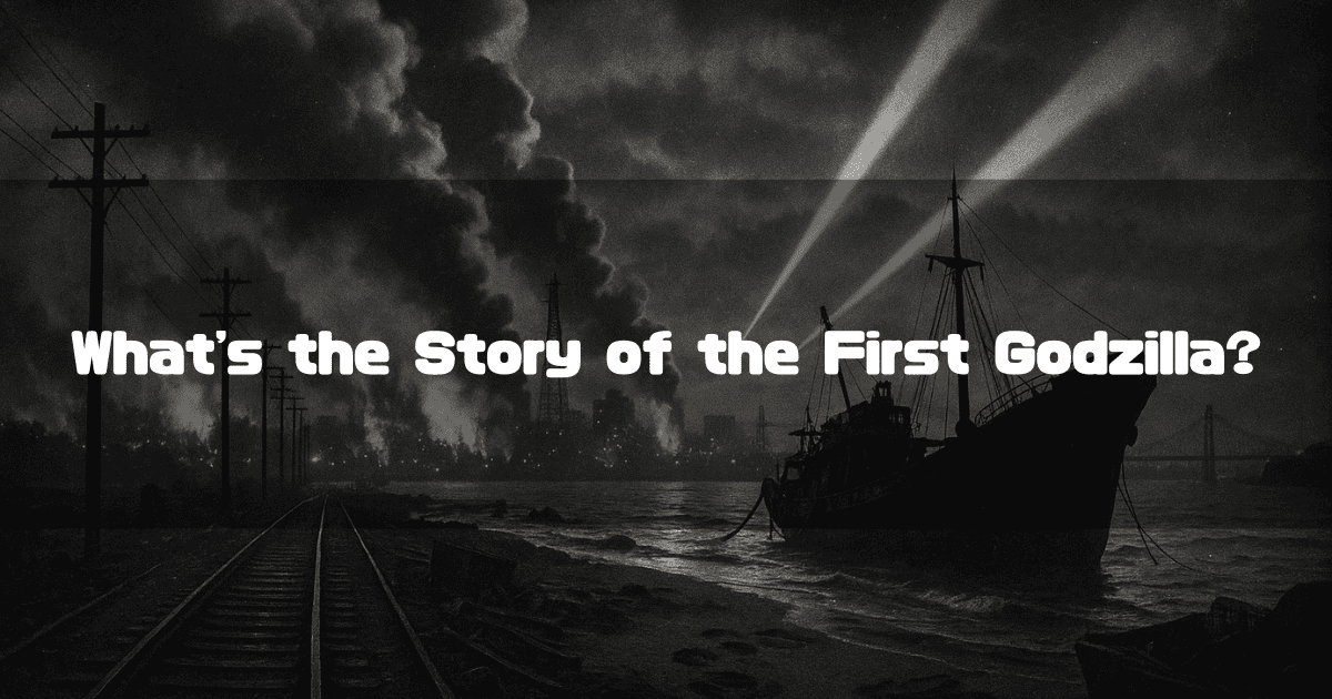 A black and white image of a ship on the shore with a burning city in the background. Searchlights scan the sky, and the text 'What's the Story of the First Godzilla?' is written over the image.