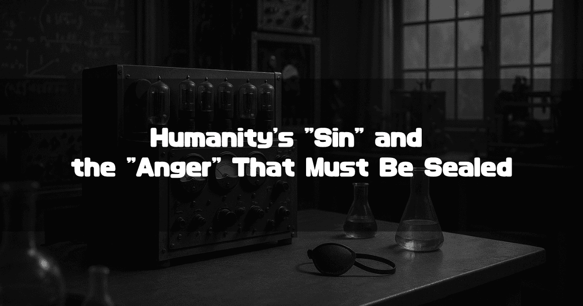 A dimly lit laboratory in black and white, featuring a vintage scientific device and an eyepatch on a desk. The image is overlaid with the text: 'Humanity's "Sin" and the "Anger" That Must Be Sealed'.