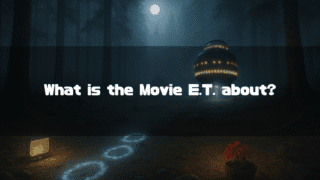 In a mysterious, moonlit forest at night, E.T.'s spaceship rests in a clearing. A glowing path of circles leads towards it, with a communication device and a potted red flower in the foreground, referencing key elements from the film. The central text asks: "What is the movie E.T. about?".
