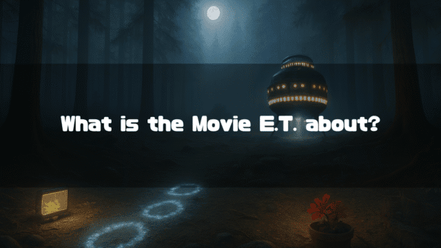 In a mysterious, moonlit forest at night, E.T.'s spaceship rests in a clearing. A glowing path of circles leads towards it, with a communication device and a potted red flower in the foreground, referencing key elements from the film. The central text asks: "What is the movie E.T. about?".