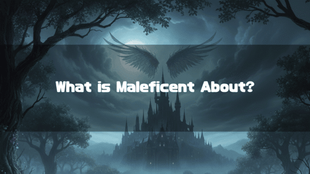 A mystical night scene of a dark, spired castle shrouded in mist, framed by silhouetted trees. Above the castle, a pair of large wings float in the moonlit sky, with the text "What is Maleficent About?" overlaid.