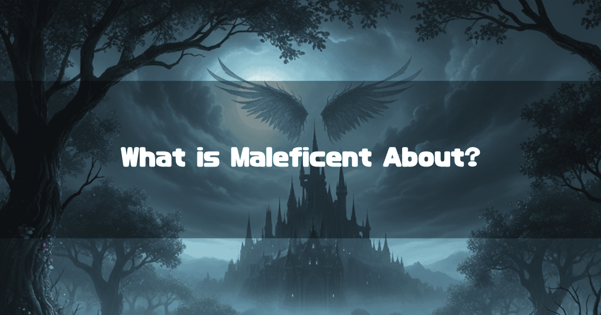 A mystical night scene of a dark, spired castle shrouded in mist, framed by silhouetted trees. Above the castle, a pair of large wings float in the moonlit sky, with the text "What is Maleficent About?" overlaid.