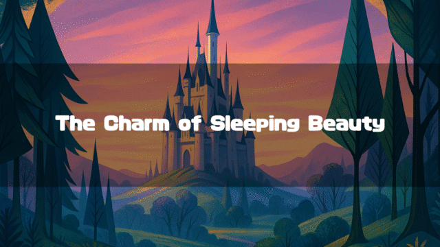 A stylized illustration of the fairytale castle from "Sleeping Beauty" on a grassy hill, framed by dark, geometric trees against a pink and purple sunset sky. Text across the center reads: The Charm of Sleeping Beauty.