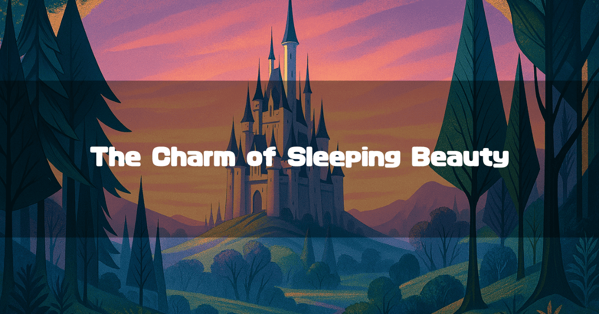 A stylized illustration of the fairytale castle from "Sleeping Beauty" on a grassy hill, framed by dark, geometric trees against a pink and purple sunset sky. Text across the center reads: The Charm of Sleeping Beauty.
