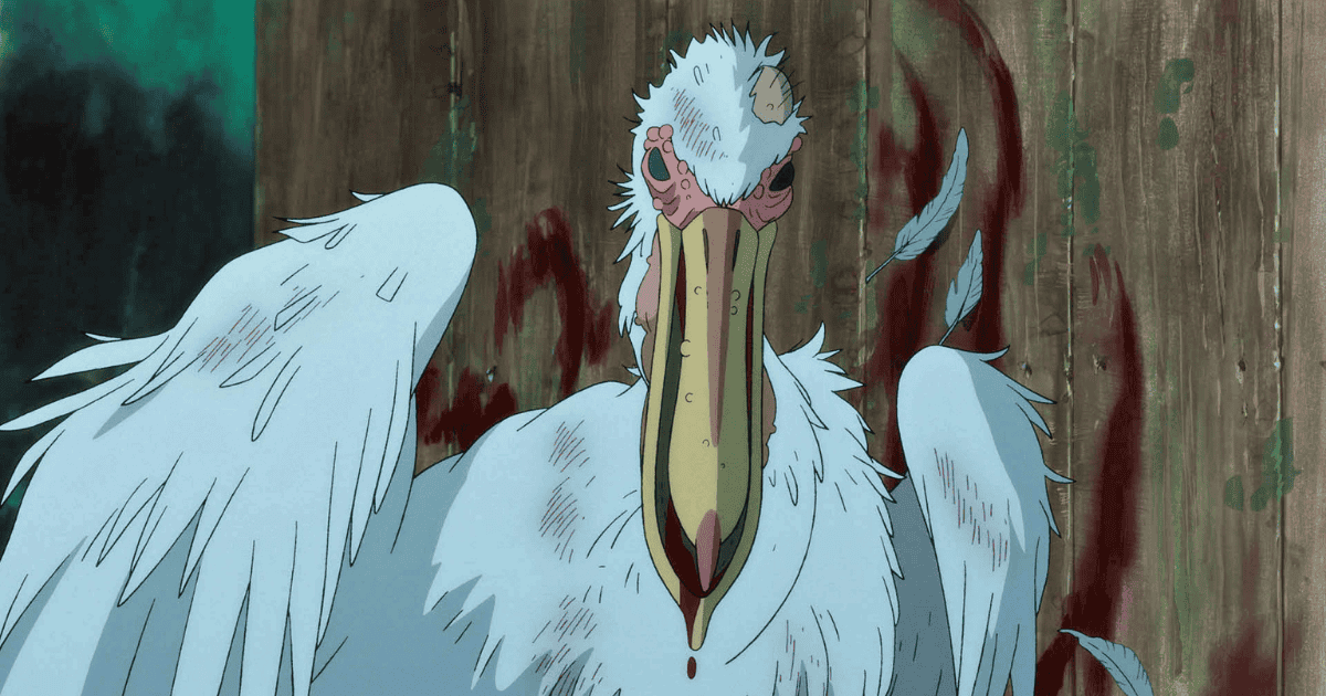 Injured pelican with bloodied feathers and a wounded beak in The Boy and the Heron