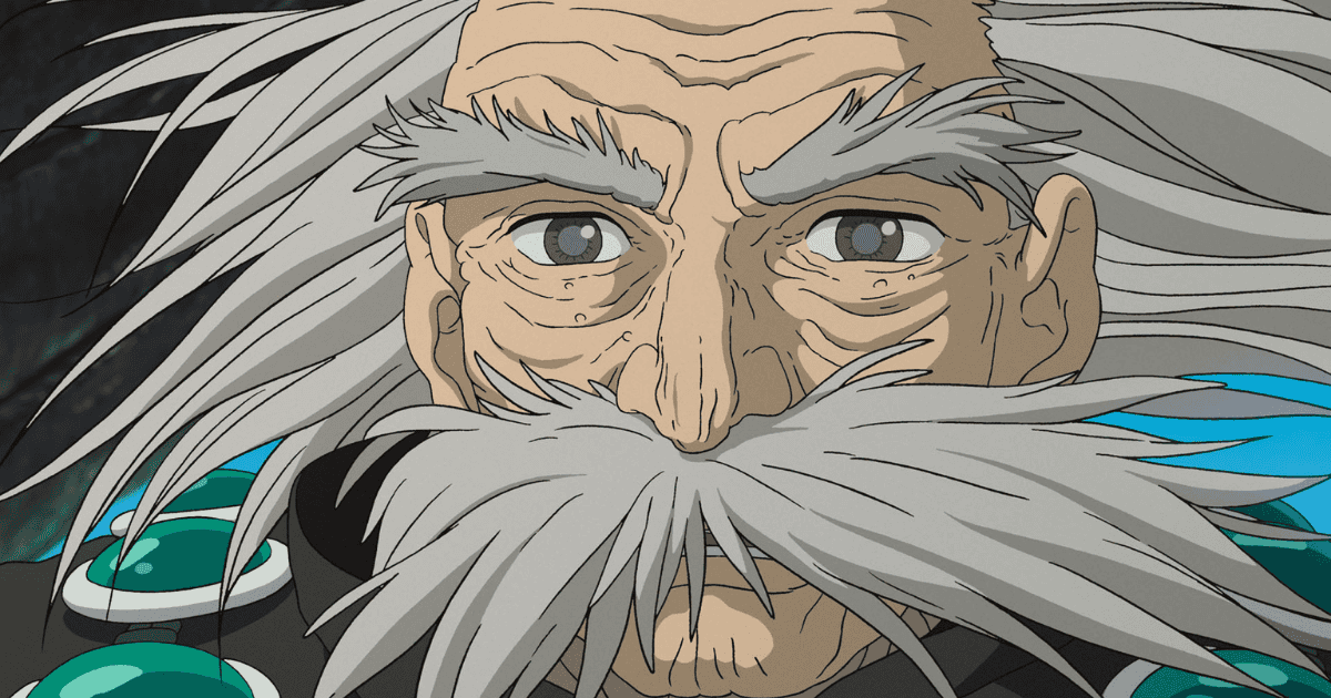The Great-Uncle with flowing white hair and a massive mustache in The Boy and the Heron