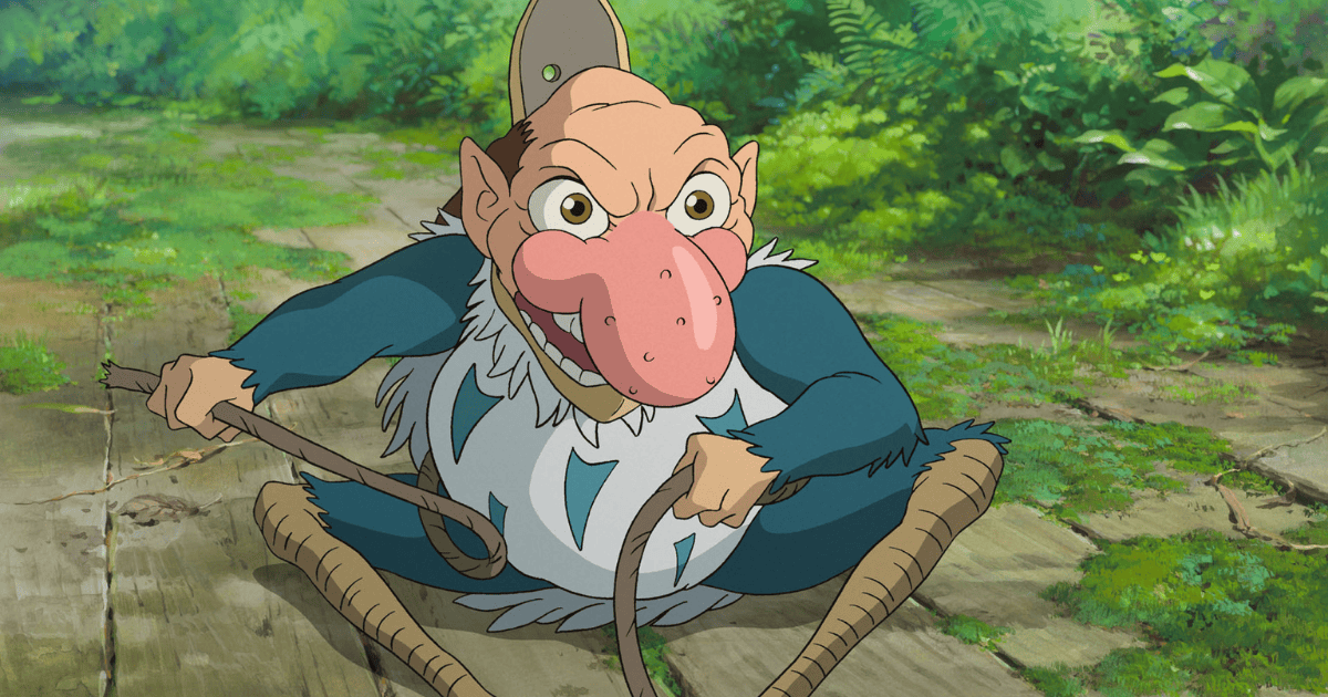 Bearded parakeet character gripping a rope in a lush green garden in The Boy and the Heron
