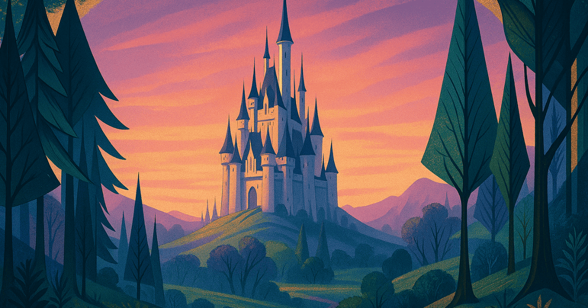 Fairy-tale castle on a hill surrounded by dark forest at sunset under a warm pink and orange sky