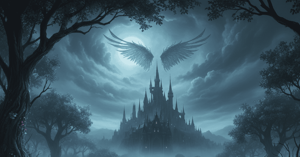 Dark fairy-tale castle beneath a stormy moonlit sky with spectral wings floating above the tallest tower