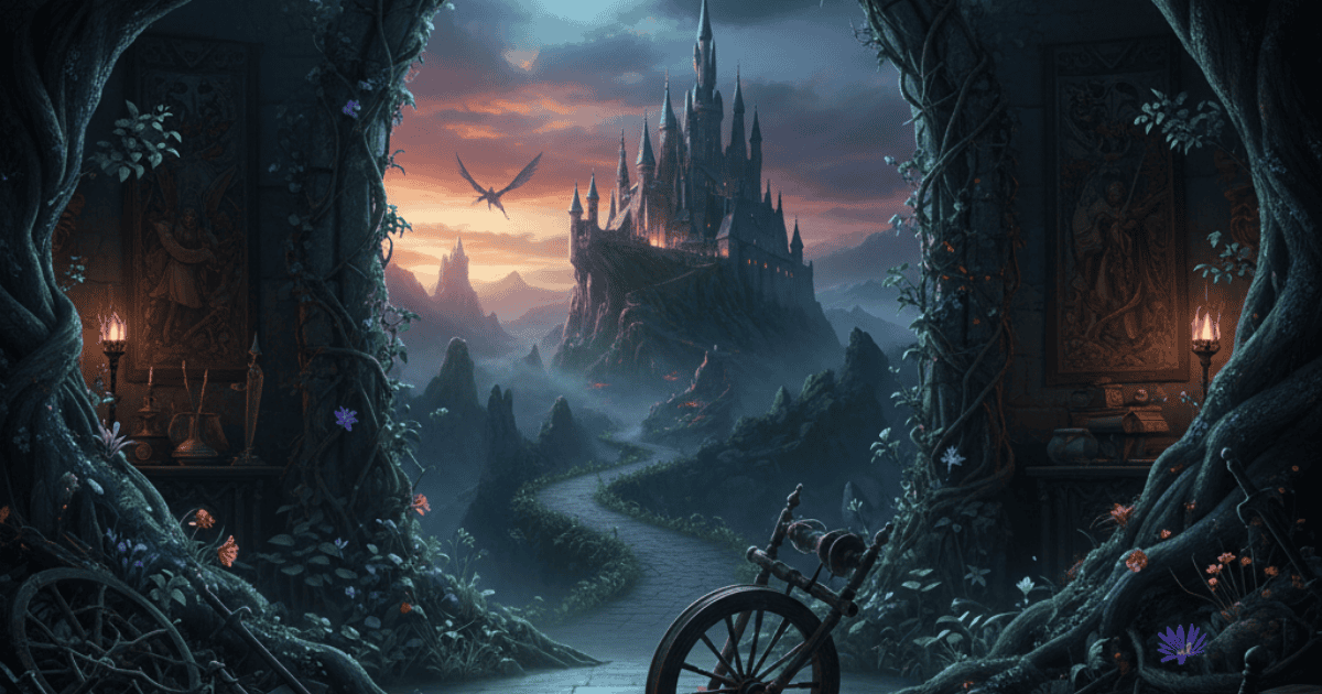 Dark enchanted castle at sunset framed by ancient trees and glowing flowers, with a winged silhouette flying above a winding path