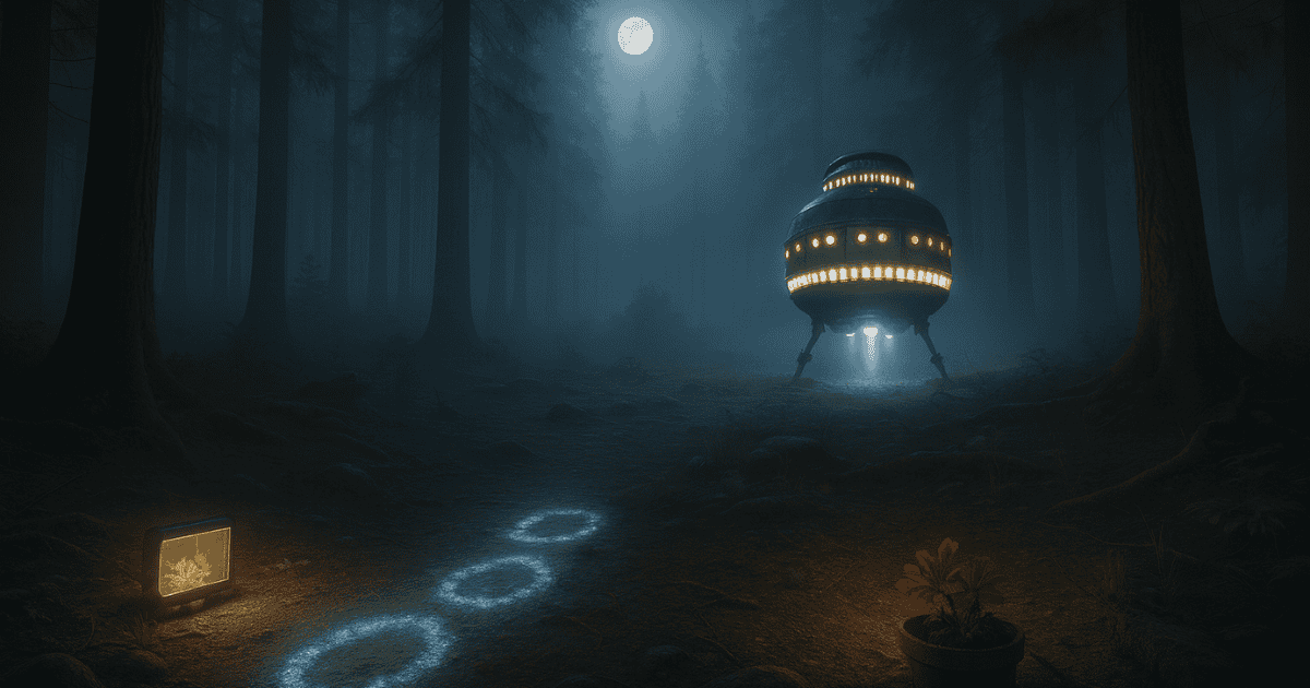 Mysterious glowing pod-like machine standing in a moonlit forest beside luminous footprints, a framed picture, and a red potted plant