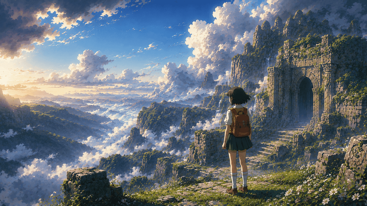 Schoolgirl overlooking ancient mountain ruins, misty valleys, and dramatic clouds in a vast fantasy landscape