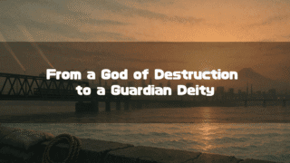 A dramatic sunset view over a city waterfront, with a large bridge crossing the water and Mount Fuji visible in the distance. Superimposed text reads: “From a God of Destruction to a Guardian Deity”.