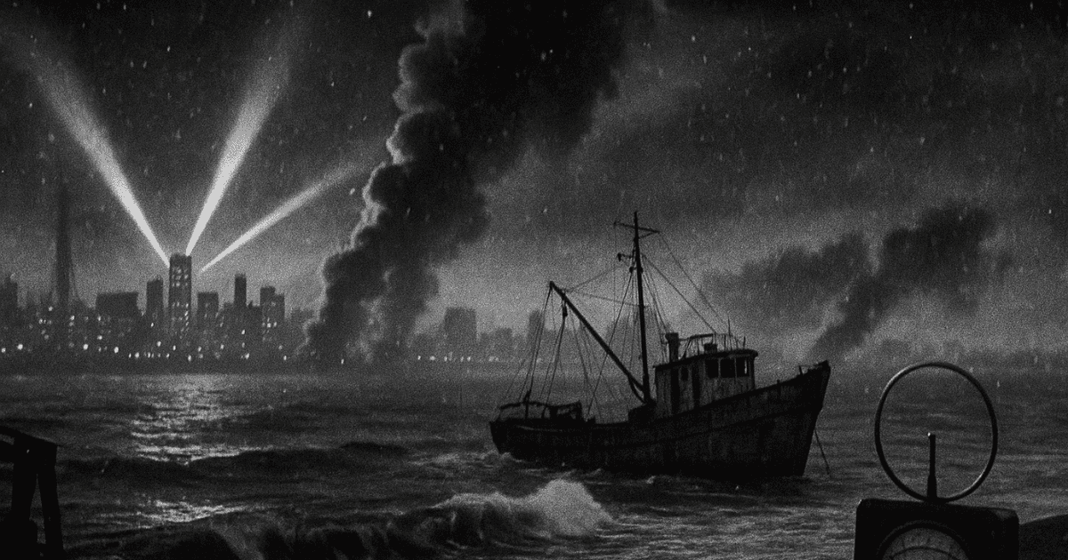 A lone fishing boat navigates rough seas against the backdrop of a city at night, illuminated by searchlights. The entire scene is depicted in monochrome.