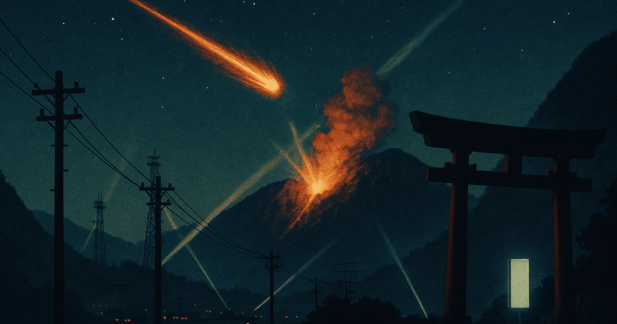 A comet streaks across the night sky, crashing into a mountain and erupting in flames. In the foreground, a torii gate and utility poles evoke a rural Japanese landscape.