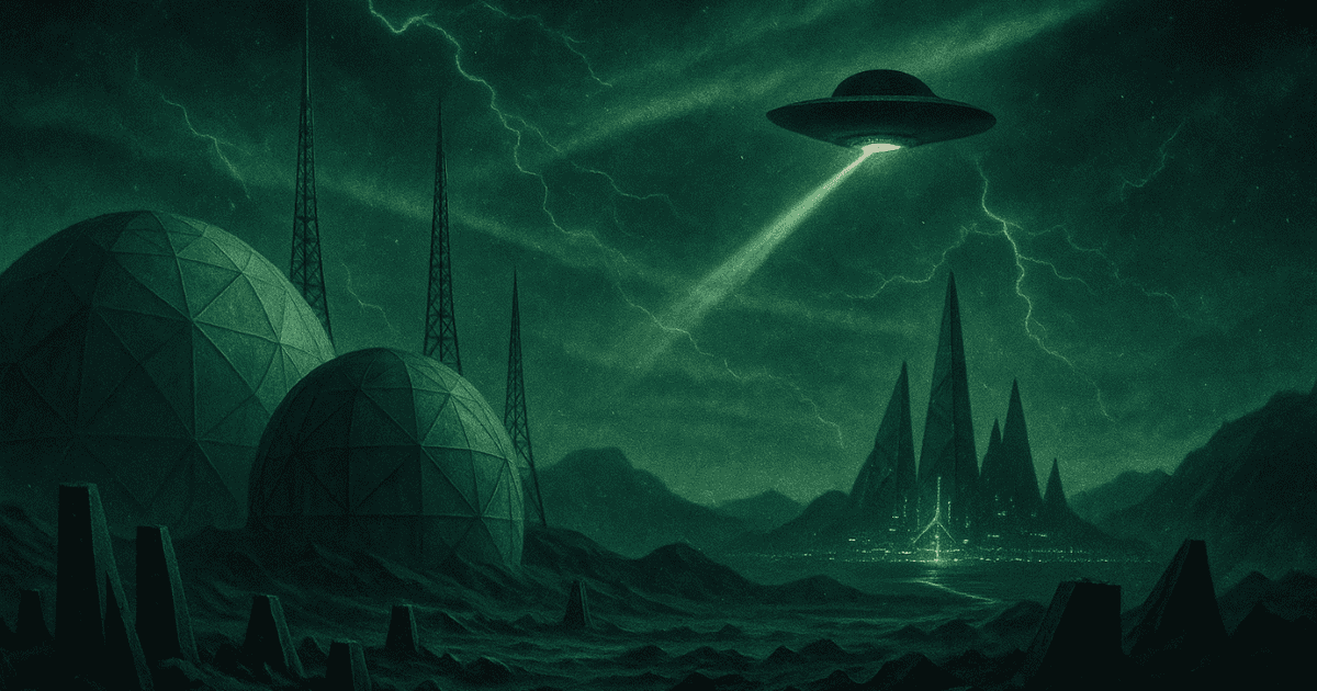 A UFO emitting a beam of light hovers in a greenish sky lit by lightning. Below, a futuristic city spreads out, featuring geodesic domes and sharply pointed buildings.