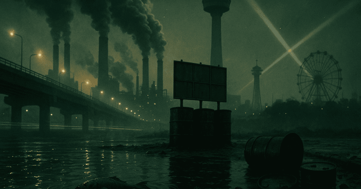 An industrial zone with numerous smokestacks billowing black smoke. Oil drums float on the polluted water surface, with a tower and a Ferris wheel faintly visible in the distance.