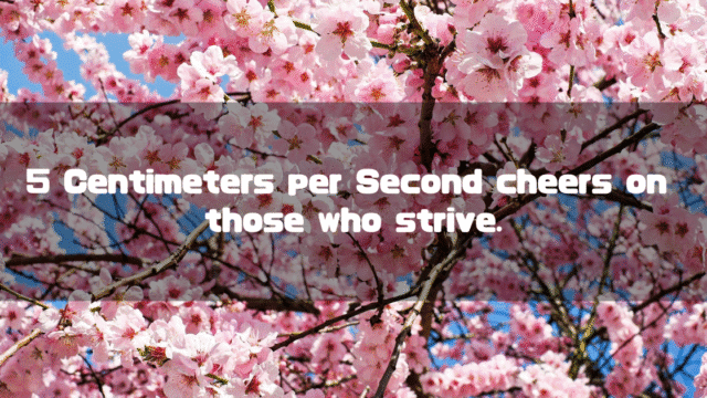 The catchphrase, ‘5 Centimeters per Second Cheers On Those Who Strive,’ is displayed against a background of cherry blossoms.